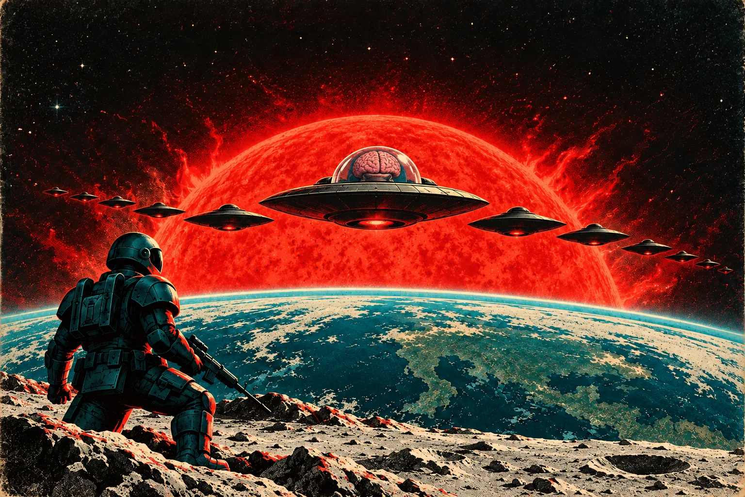 A human trooper kneels on the Moon with a rifle while a line of saucers from the far side crosses a huge red sun above the Earth.